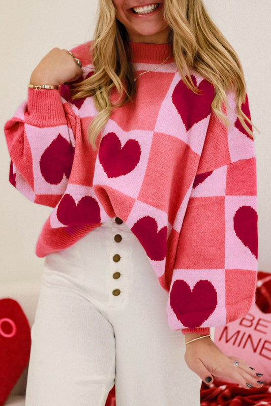 Pink Plus Size Love Heart Block Mock Neck Sweater Valentine Dear-Lover Dropshipping