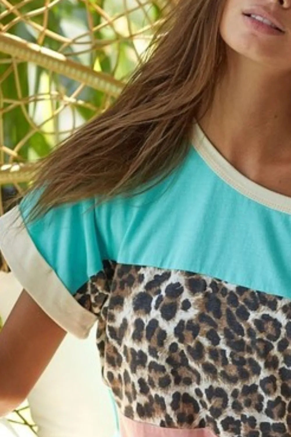 BiBi Leopard Printed Jersey Color Block Roll Up Top - Love Salve