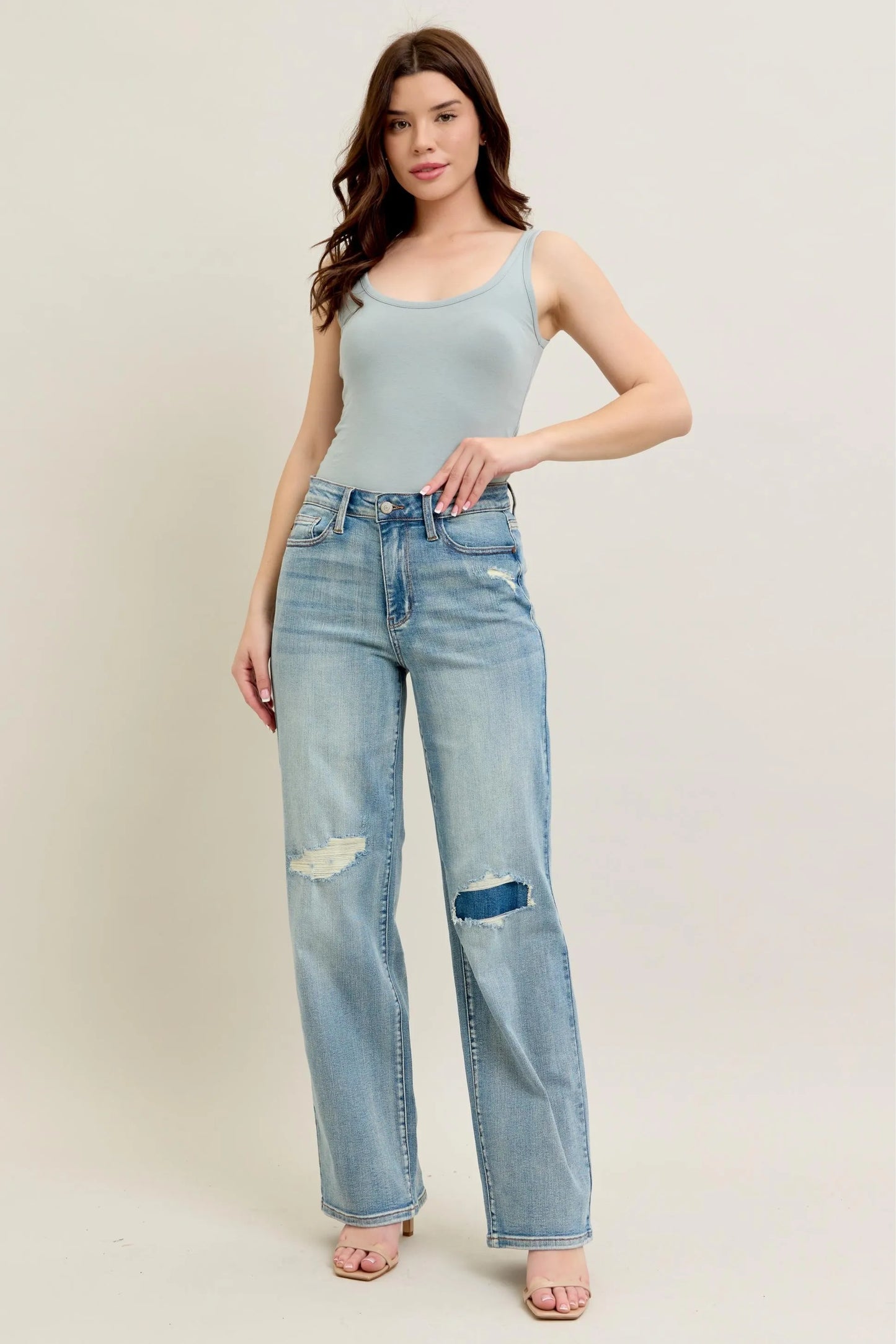 Judy Blue Plus Size High Rise Destroyed Knee Patch Straight Jeans - Love Salve