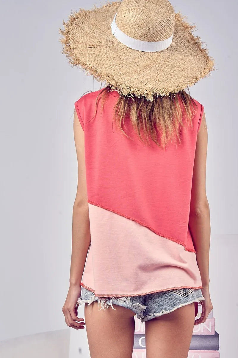 BiBi Color Block Contrast Stitching Buttoned Henley Top - Love Salve