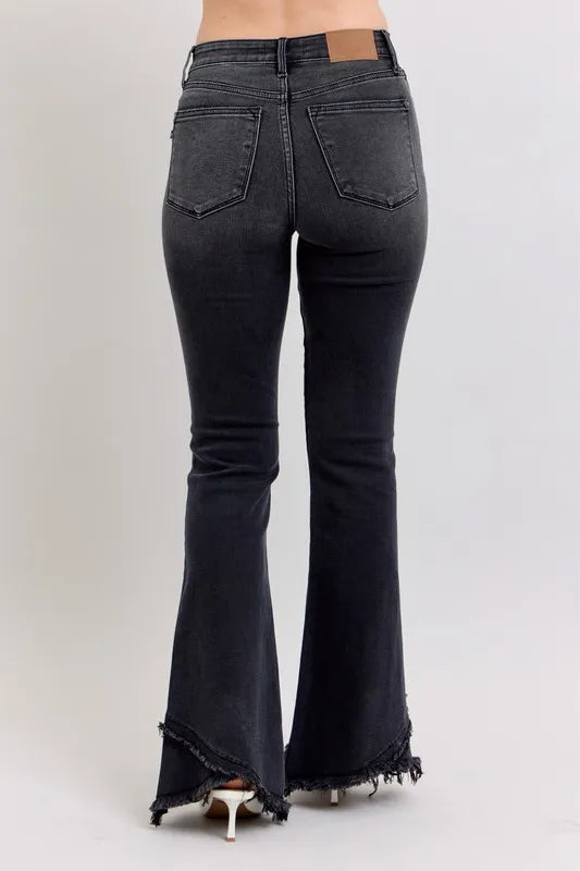 Judy Blue Full Size High Waist Flare Jeans With Mock Fray Tulip Hem Plus Size - Love Salve