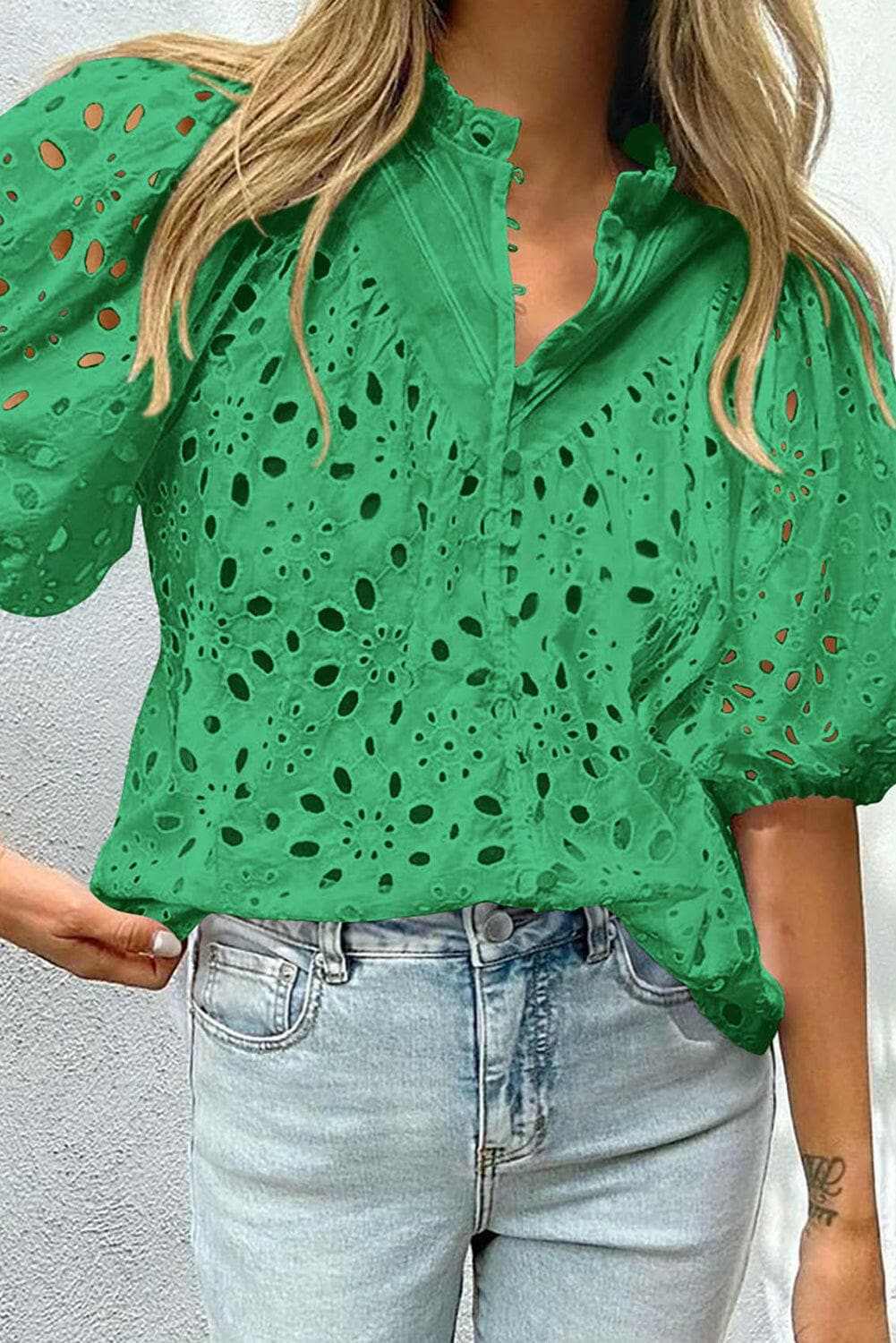Eyelet Button Up Half Sleeve BlouseUpgrade Your Wardrobe with Style and Comfort
Elegant Design: Embrace sophistication with the Eyelet Button Up Half Sleeve Blouse.
Versatile Sheer Detail: The eLove Salve Half Sleeve Blousejust arrived