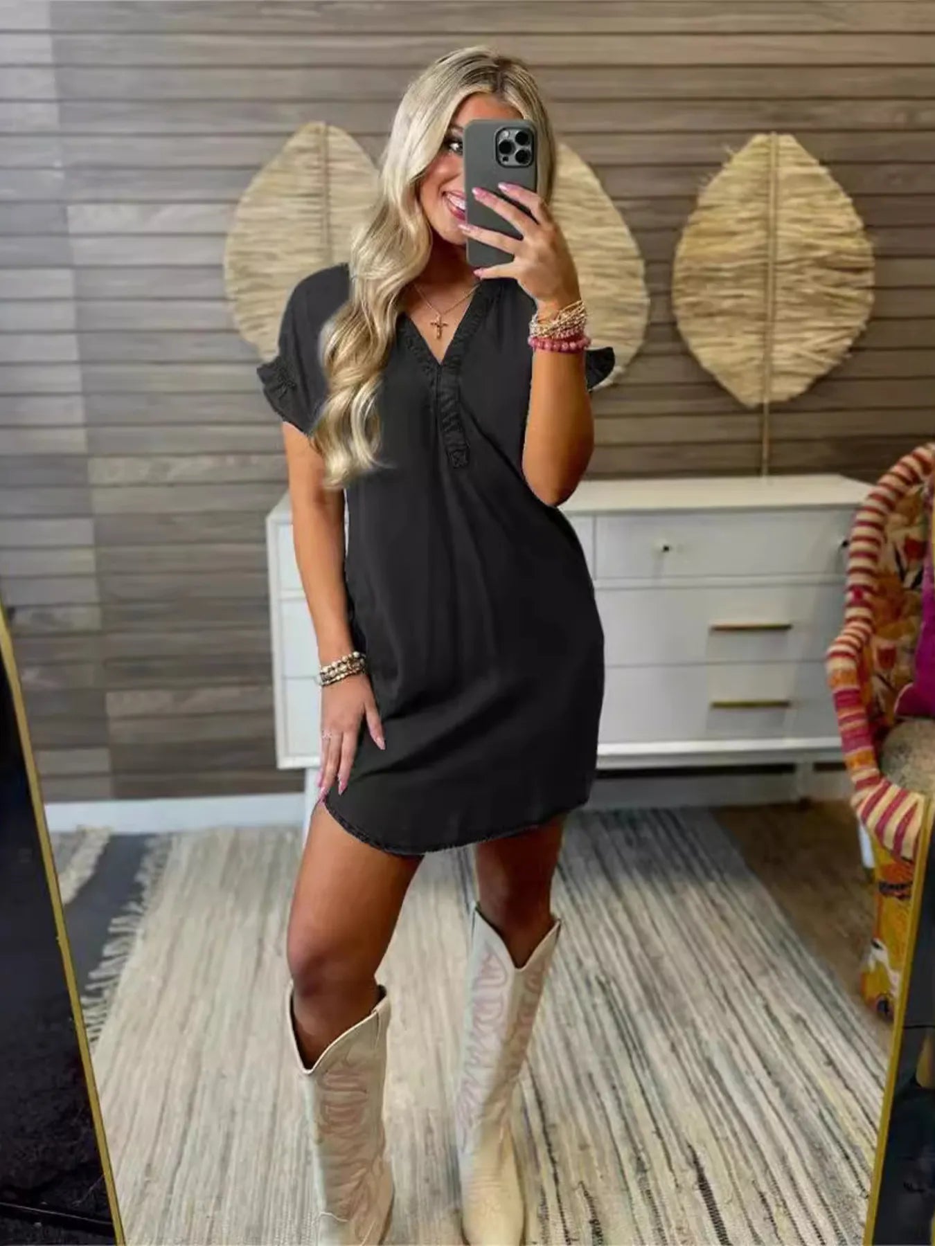 Full Size V-Neck Short Sleeve Denim Dress Plus Size