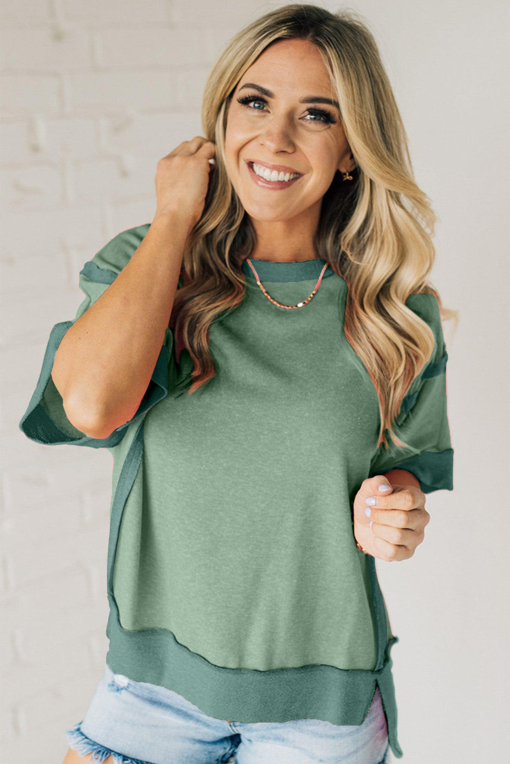 Smoke Green Half Sleeve Raw Seam High Low Side Split Top