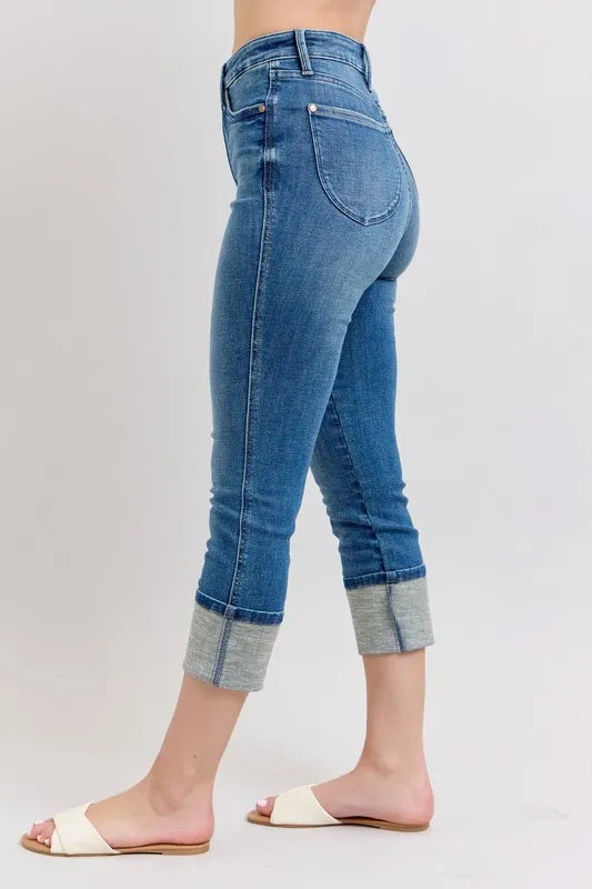 Judy Blue Plus Size Skinny Cuff Capris Jeans with Pockets - Love Salve