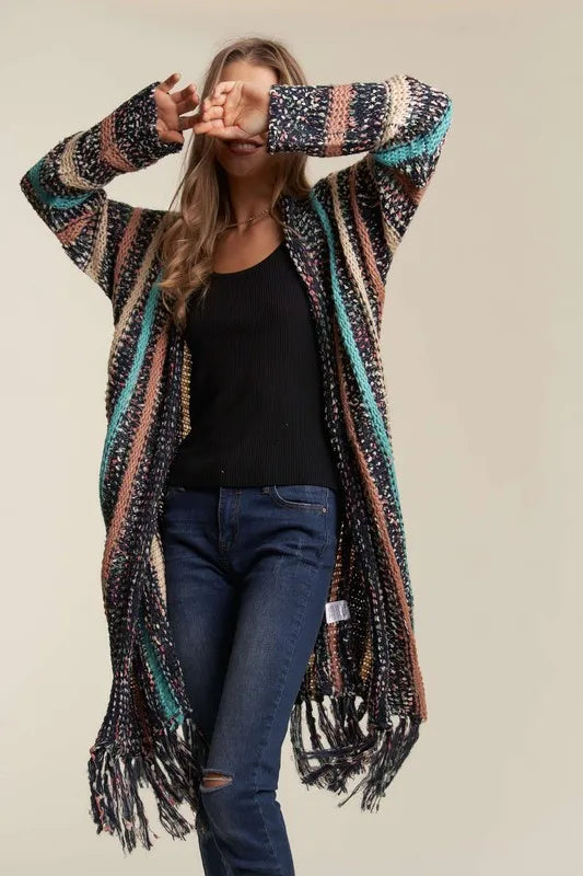 ADORA Multi Colour Sweater Long Cardigan with Fringes - Love Salve