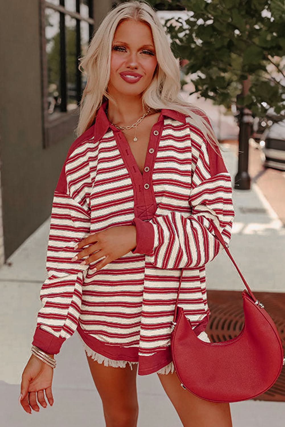 Red Stripe Buttoned V Neck Collared Drop Shoulder Top - Love Salve