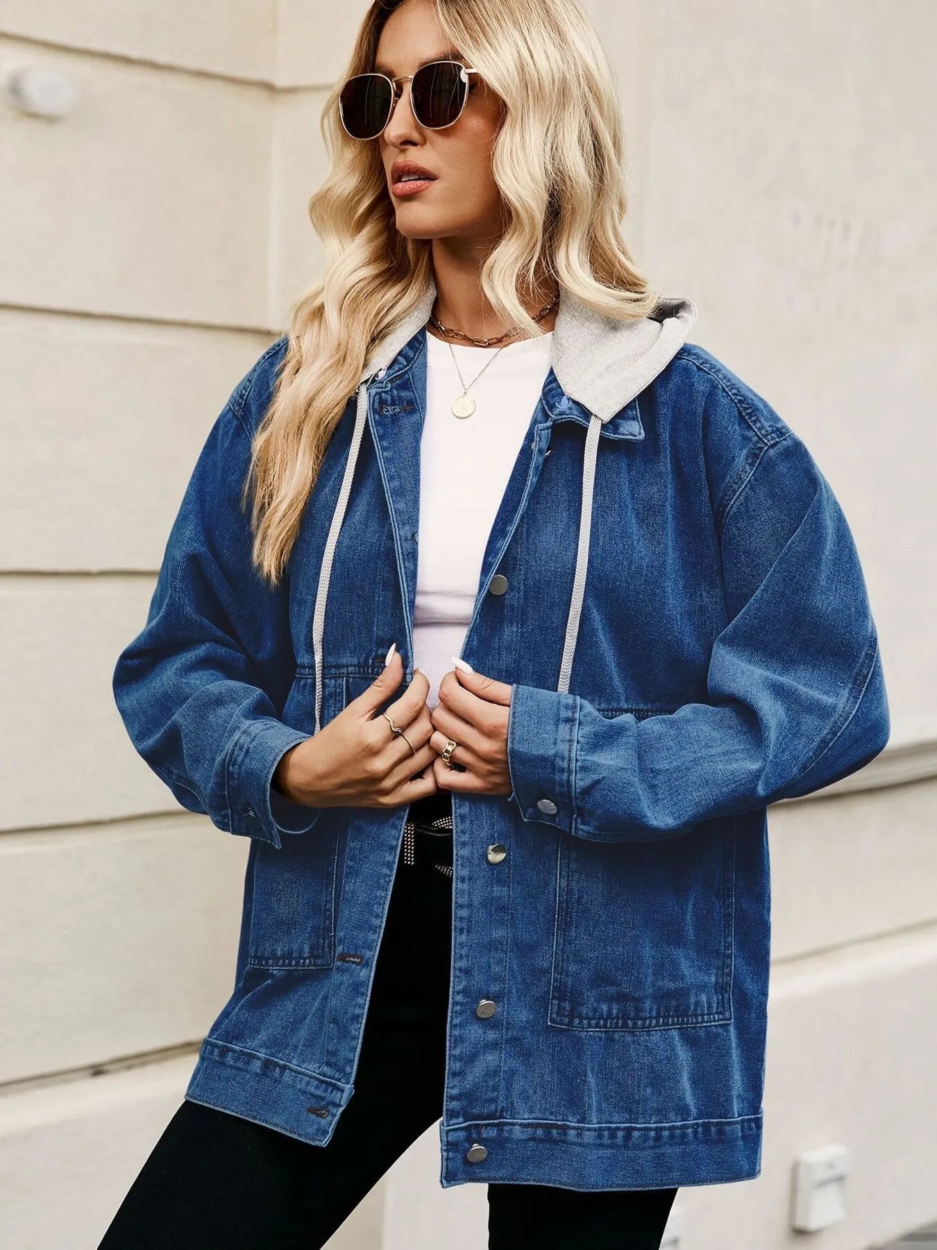 Oversized Button Up Denim Jacket with Hood