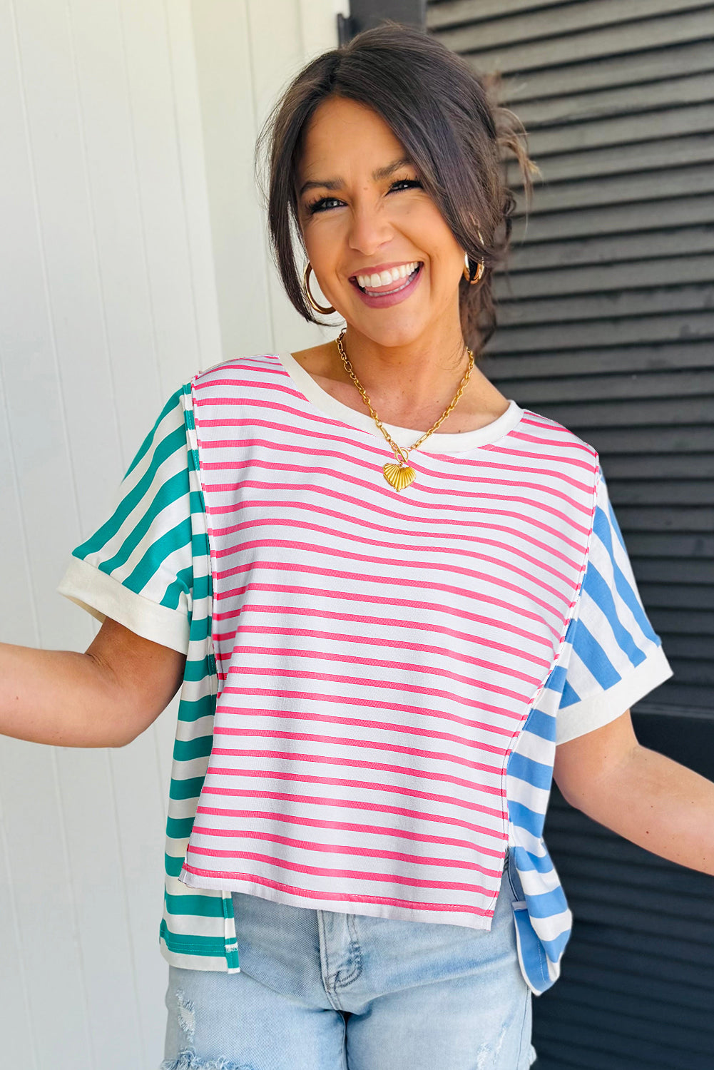Pink Stripe Mixed Pattern Patchwork Uneven Hem Loose Tee