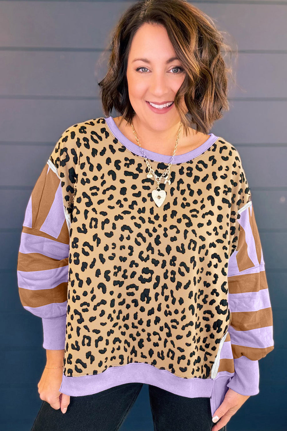 Purple Leopard Striped Patchwork Plus Size Loose Sweatshirt