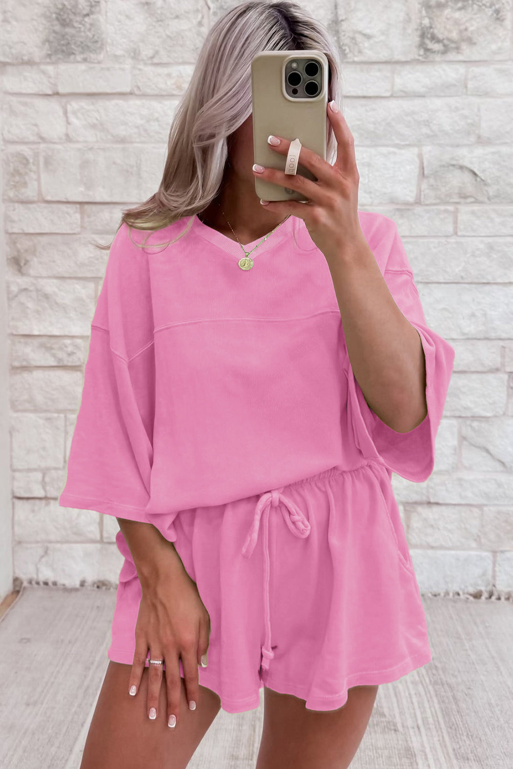 Bonbon Solid Loose V Neck Half Sleeve Tee and Shorts Set