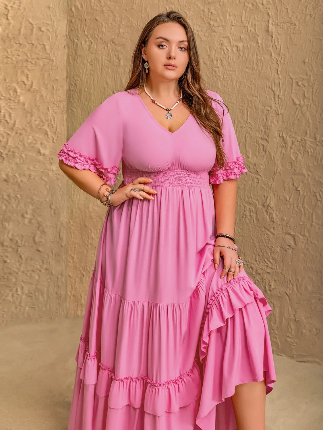 Pink Ruffle Charm Smocked Maxi Dress – Plus Size