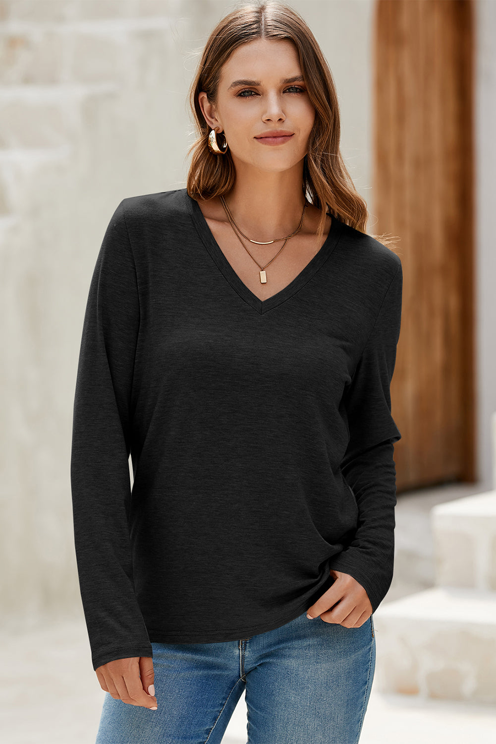 Black Casual Black Solid Color V Neck Long Sleeve Stretchy Top - View 6 by Dear-Lover Dropshipping