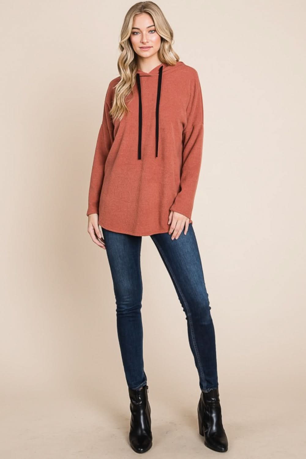 BOMBOM Contrast Drawstring Drop Shoulder Knit Hoodie - Love Salve