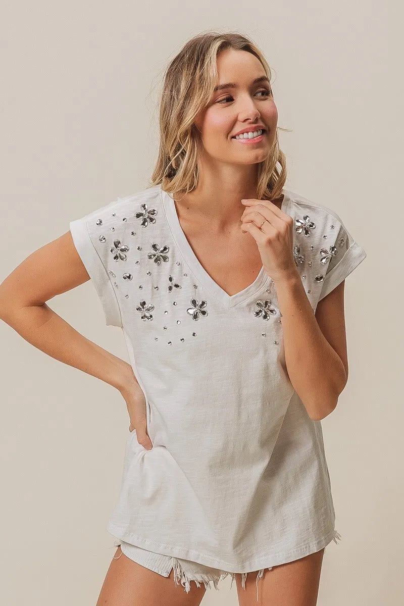 BiBi Slub Jersey Rhinestone V Neck Top - Love Salve