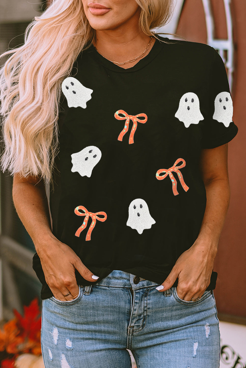 Premium Black Sequin Bow Ghost Patch Halloween Graphic Tee