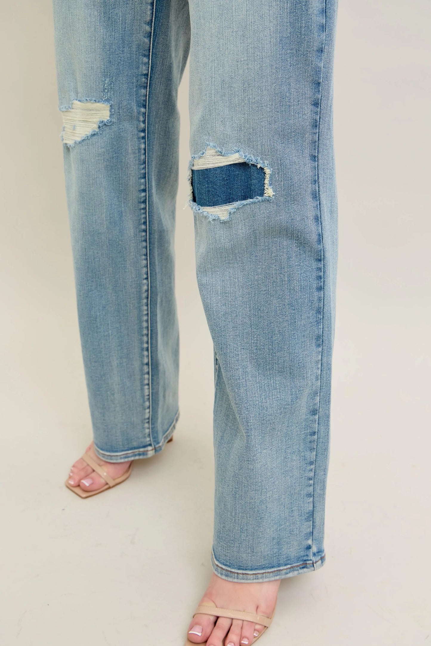 Judy Blue Plus Size High Rise Destroyed Knee Patch Straight Jeans - Love Salve