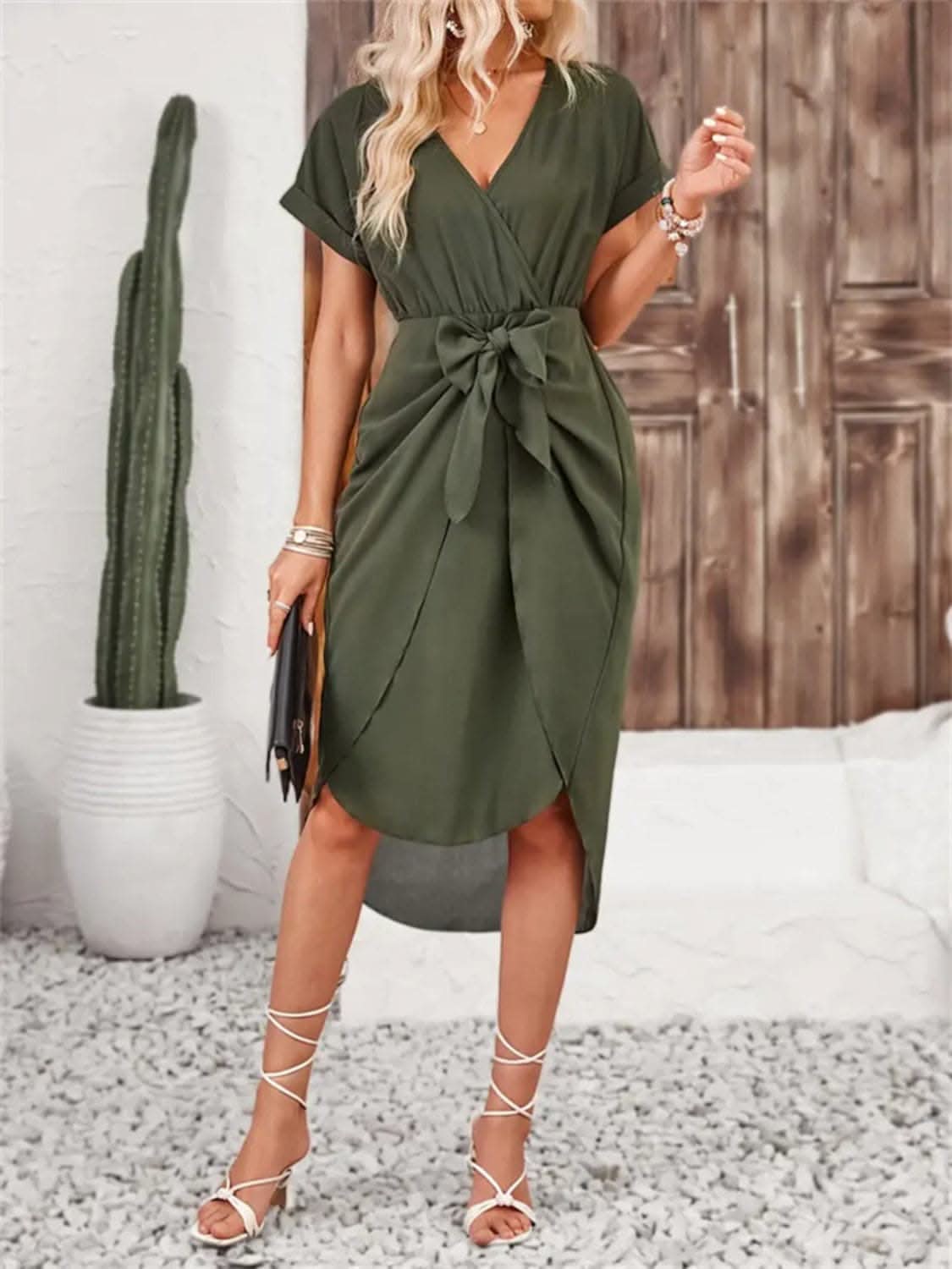 Chic Tied Surplice Short Sleeve Dress in olive green, flattering surplice neckline, available in S-XL.