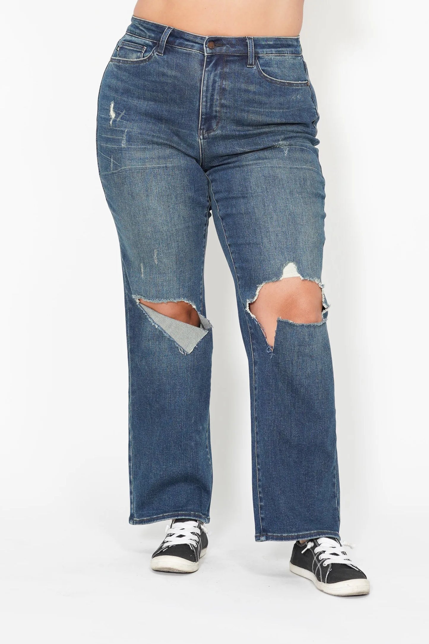 Judy Blue Plus Size High Waisted Ripped Knee Dad Jeans - Love Salve