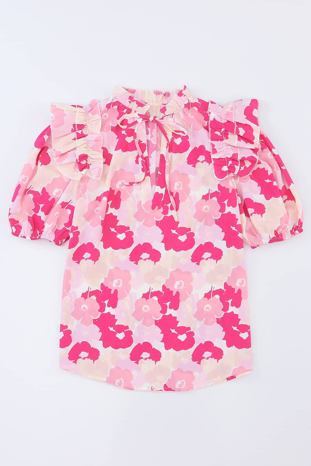 Bold Bloom Tie-Neck Ruffle Blouse – Hot Pink Floral