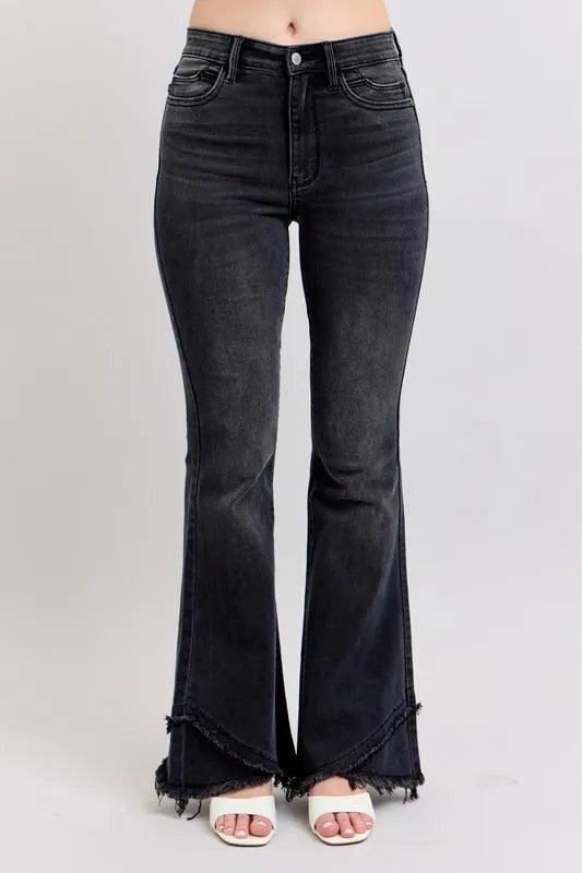 Judy Blue Full Size High Waist Flare Jeans With Mock Fray Tulip Hem Plus Size - Love Salve
