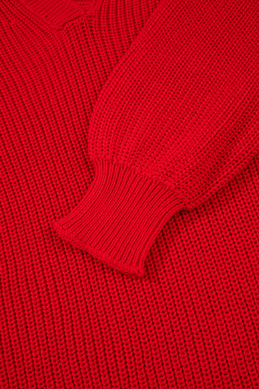 Premium Racing Red Solid Textured Knit V Neck Drop Shoulder Sweater