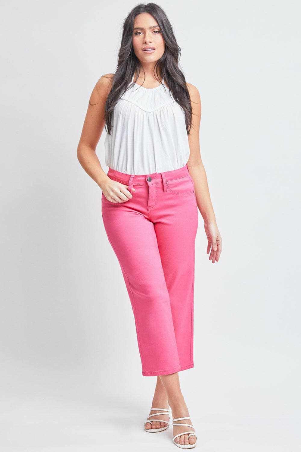 YMI mid-rise hyperstretch cropped straight pants in pink with flattering silhouette and sleek design.
