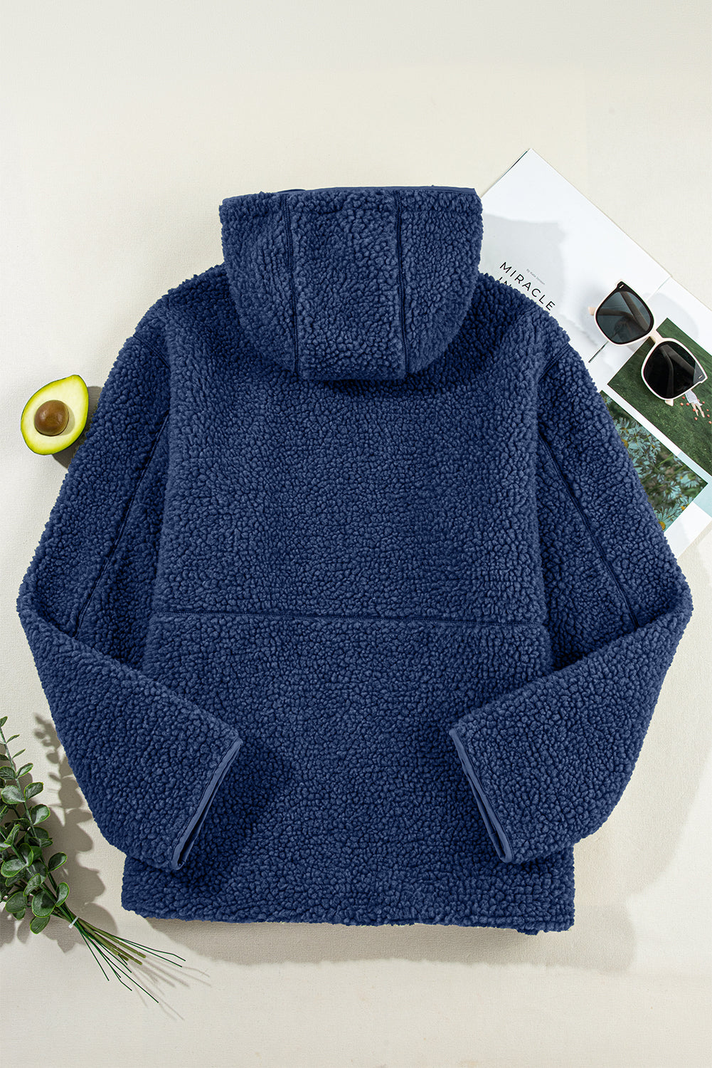 Navy Blue Fleece Zip Up Hooded Jacket With Front Pockets