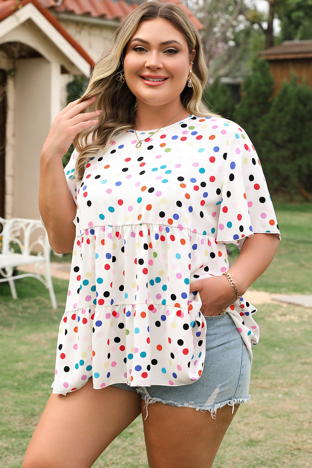 Beige Plus Size Babydoll Blouse with Colorful Polka Dot Print and Ruffled Short Sleeves