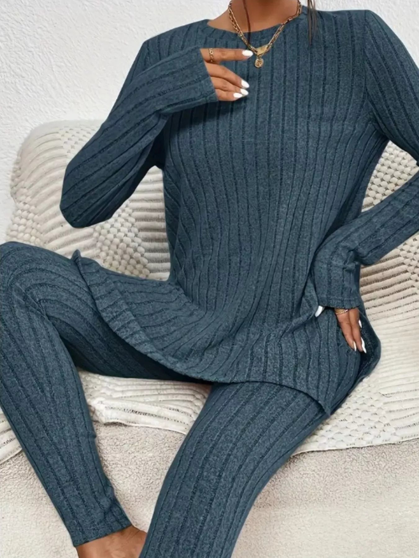 Side Slit Ribbed Top and Pants Set