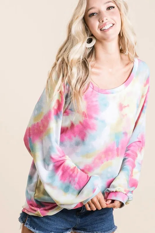 BiBi Tie Dye Print Terry Top With Puff Sleeves - Love Salve