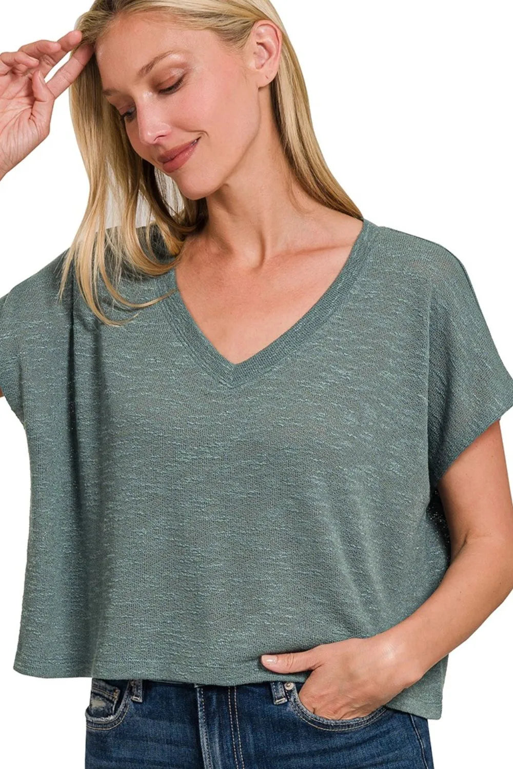Zenana Hacci Slub V-neck Drop Shoulder Crop Top - Love Salve