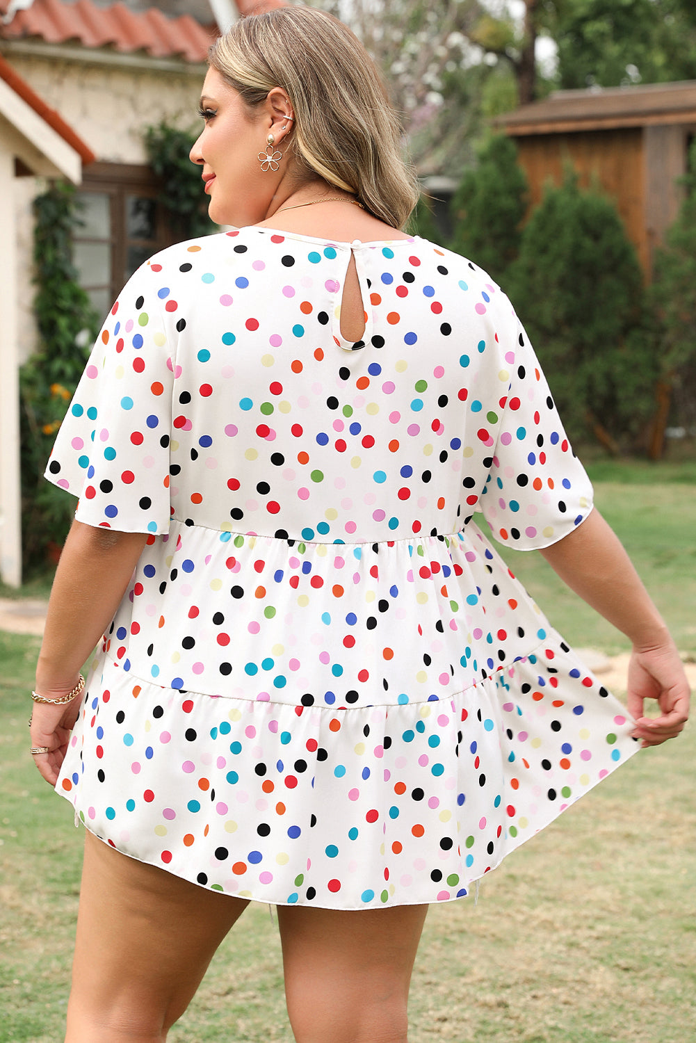 Beige Plus Size Babydoll Blouse with Colorful Polka Dot Print and Ruffled Short Sleeves