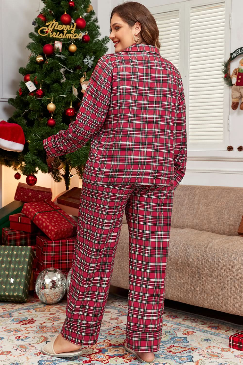 Cozy plus size red plaid lounge set - Love Salve