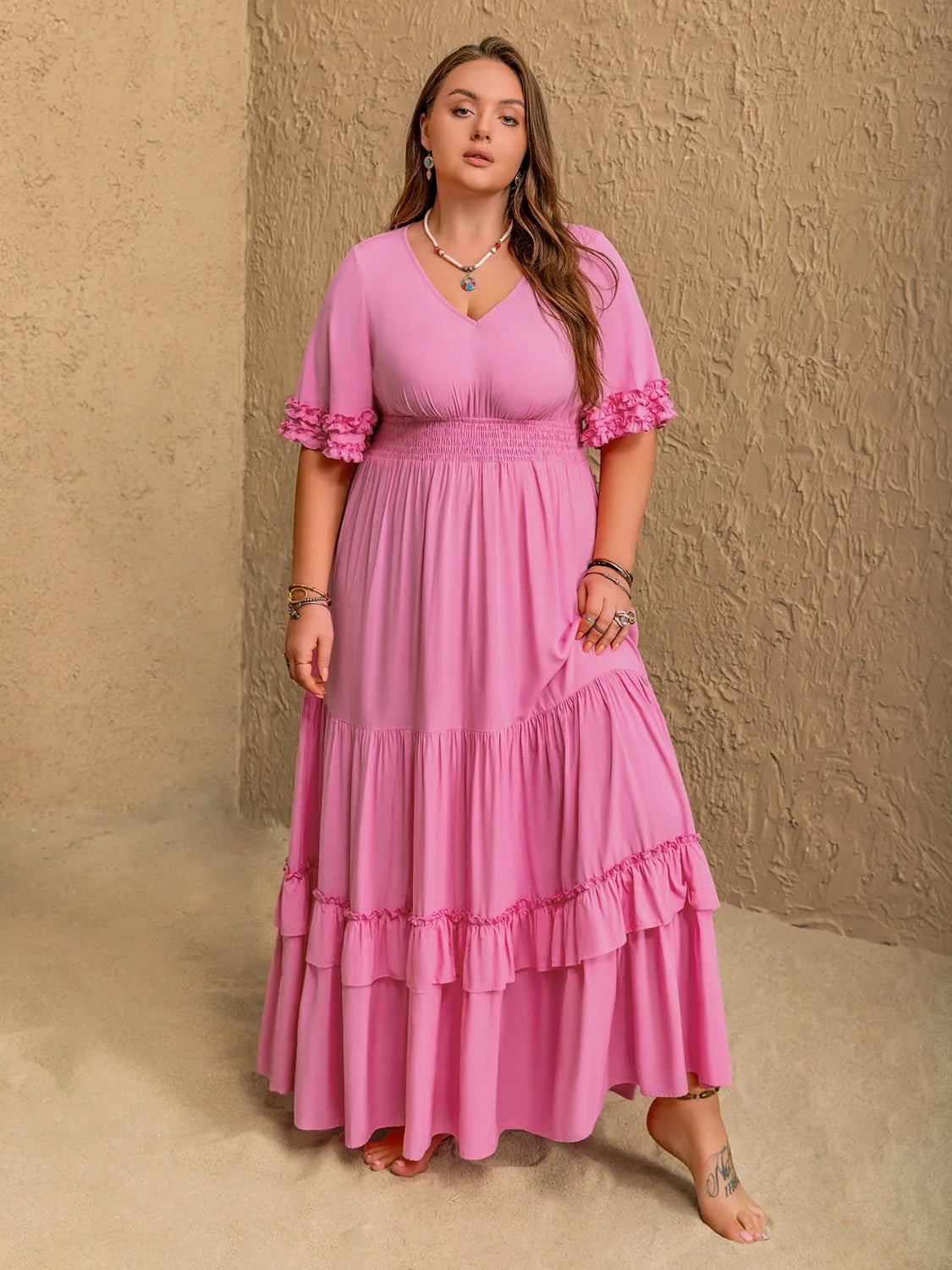 Pink Ruffle Charm Smocked Maxi Dress – Plus Size