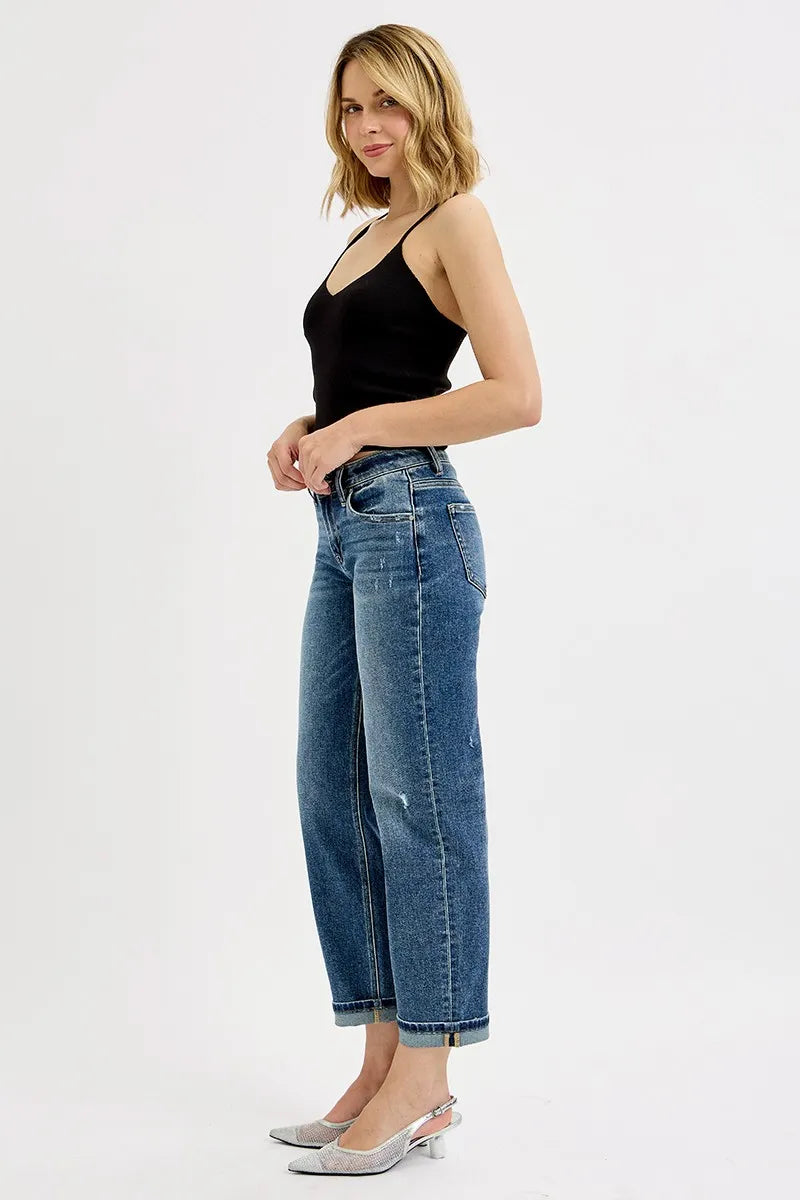 Risen Full Size Low Rise Crop Boyfriend Jeans Plus Size Vintage Medium Blue Wash - Love Salve