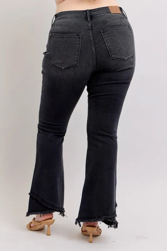 Judy Blue Full Size High Waist Flare Jeans With Mock Fray Tulip Hem Plus Size - Love Salve