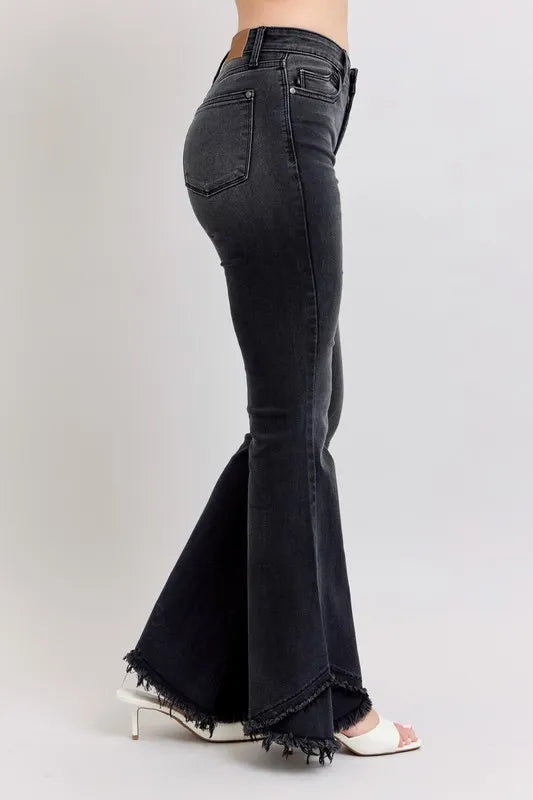 Judy Blue Full Size High Waist Flare Jeans With Mock Fray Tulip Hem Plus Size - Love Salve