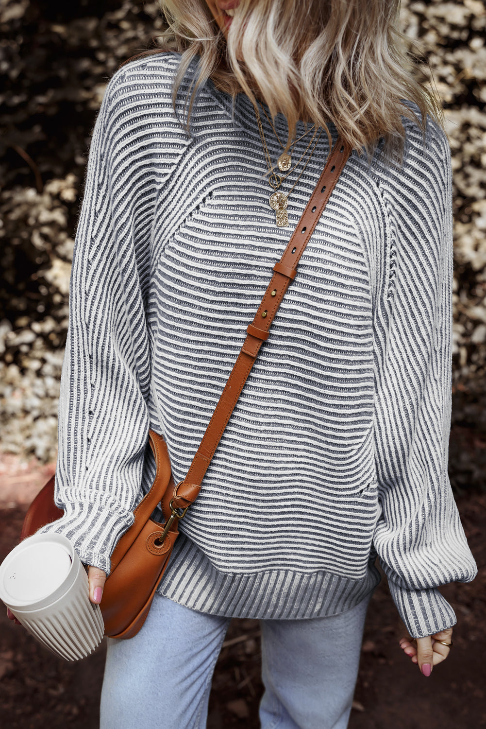 Ashleigh Blue Striped Ribbed Knit Baggy Boat Neck Sweater