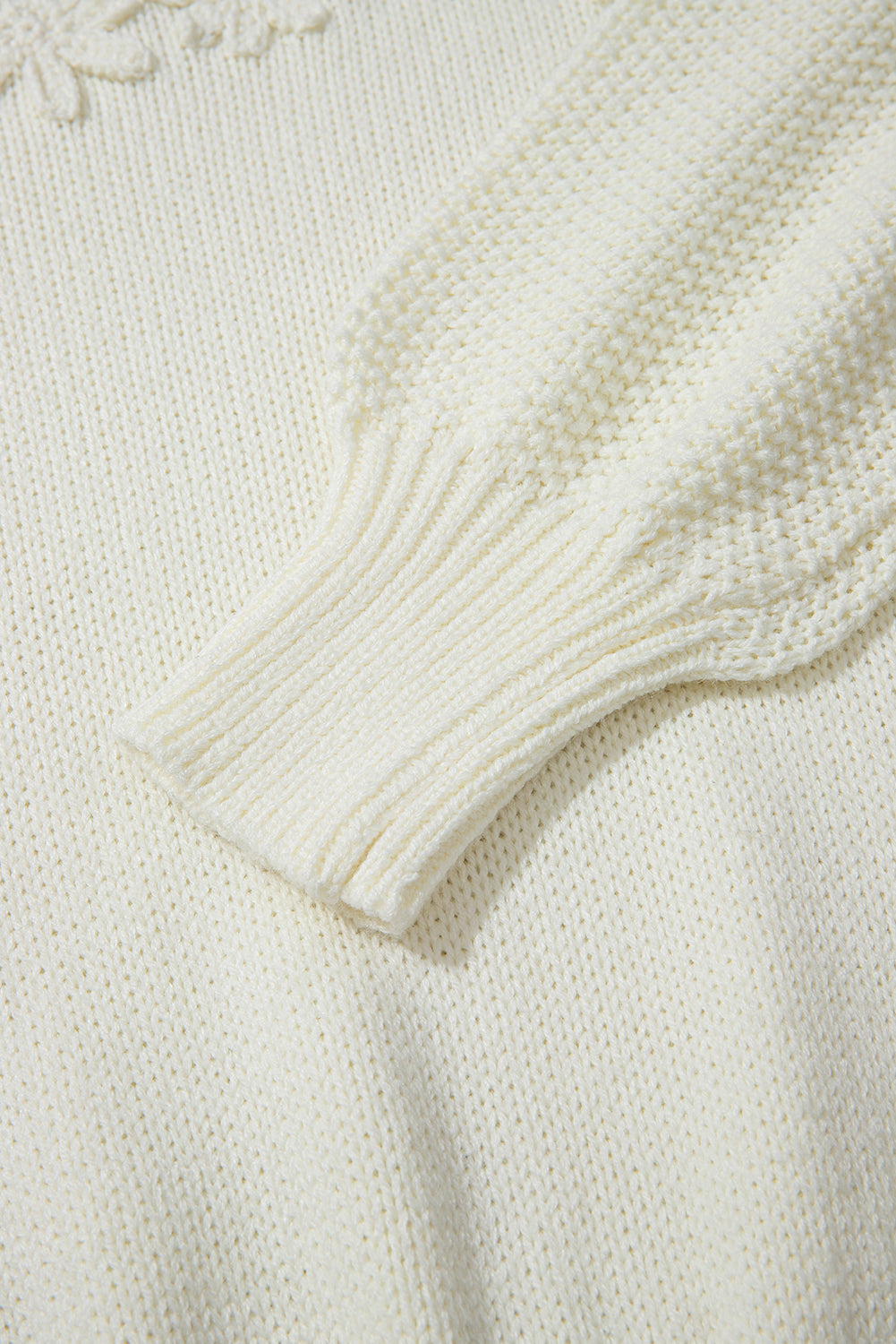 White Flower Round Neck Textured Puff Sleeve Sweater