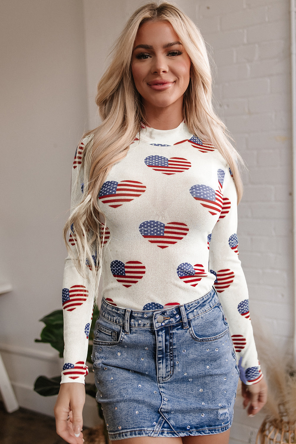 White Americana Glitter Mesh Long Sleeve Bodysuit for Women