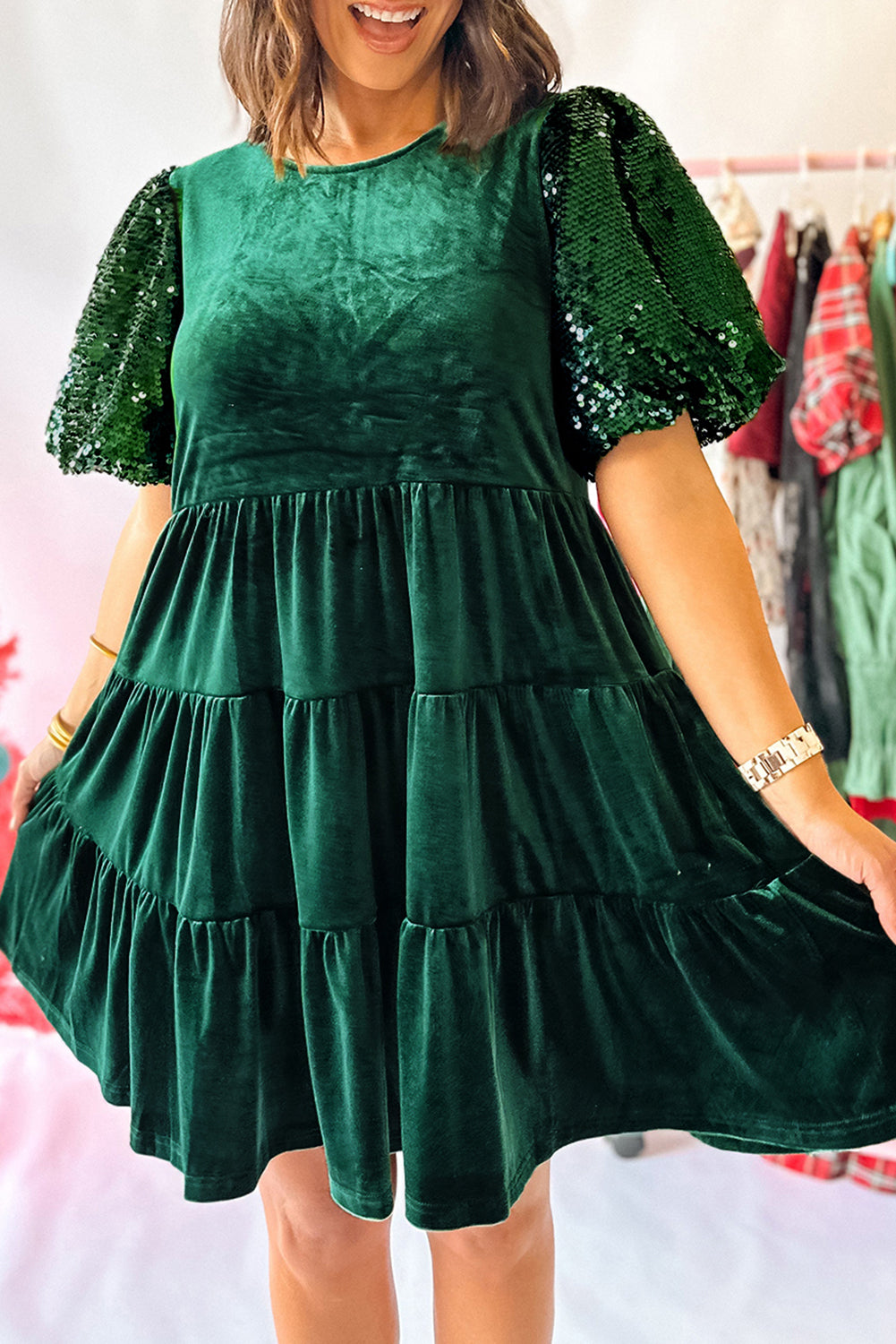 Evergreen Sequin Puff Sleeve High Waist Velvet Mini Dress