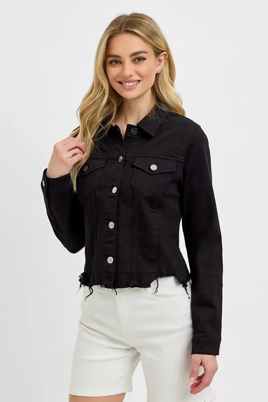 Risen Full Size Irregular Fray Hem Button Up Denim Jacket Plus Size - Love Salve