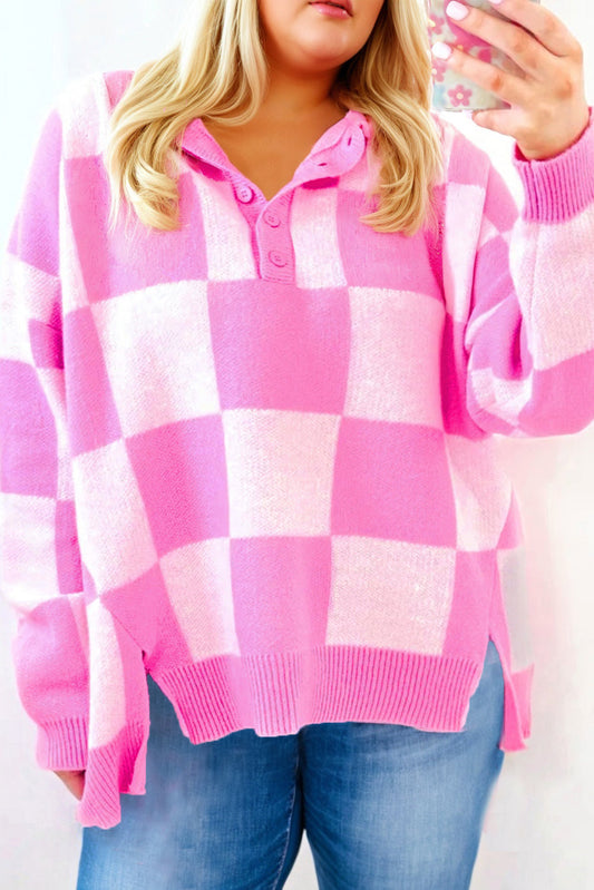 Pink Plus Size Checkered Collared Half Button Sweater Dear-Lover Dropshipping