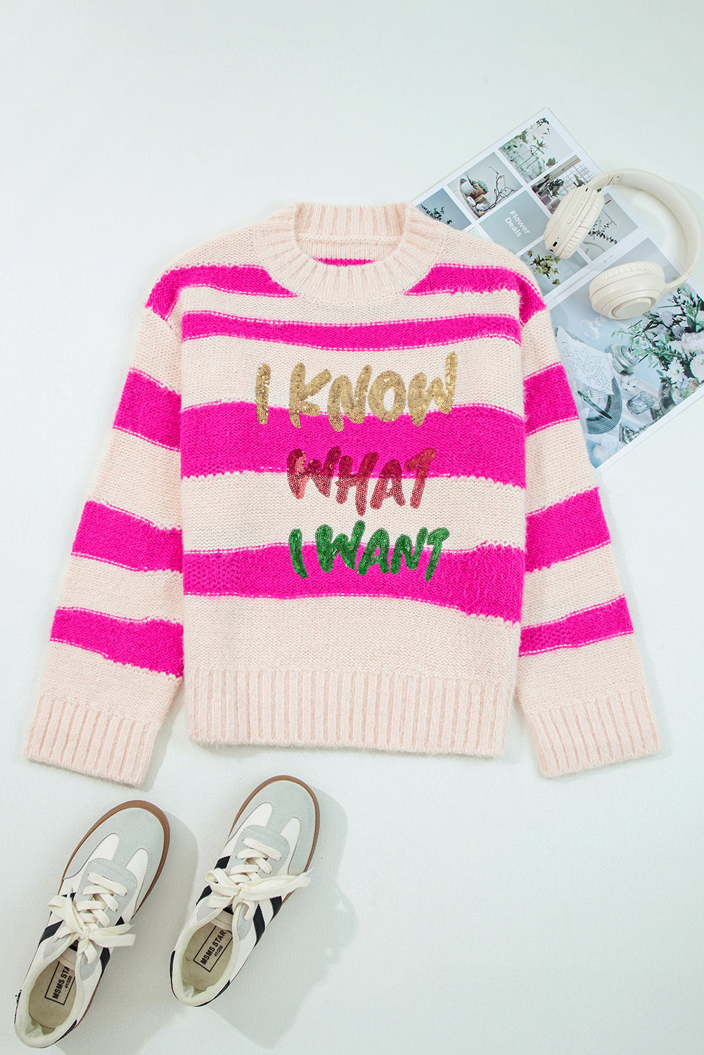 Rose Red I Know Waht I Wat Sequin Letter Graphic Sweater