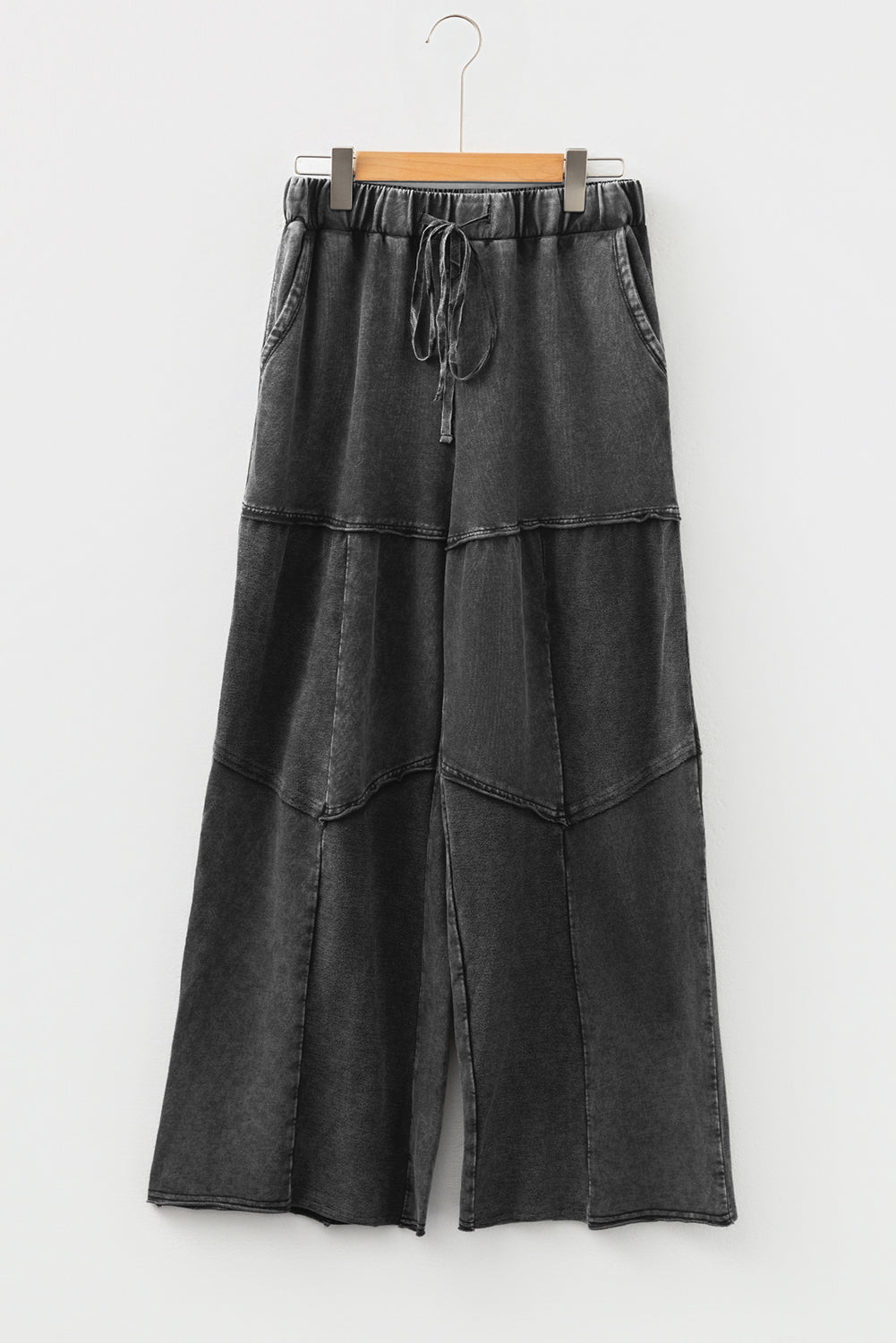 Premium Black Mineral Wash Tiered Wide Leg Patchwork Drawstring Pants