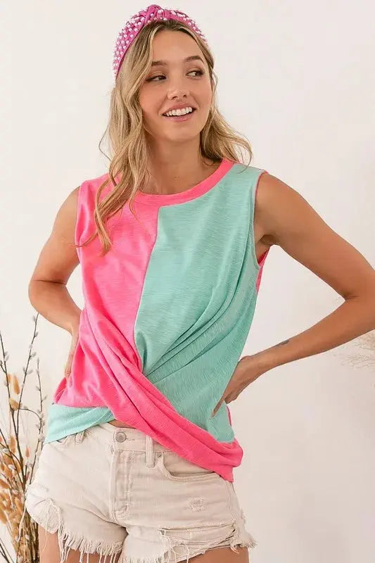 BiBi Slub Terry Color Block Twisted Top - Love Salve