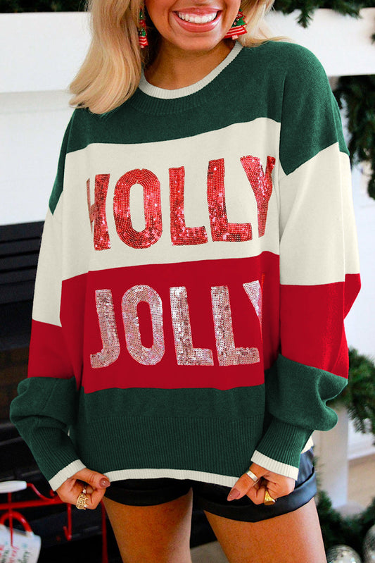 Green Sequined Holly Jolly Color Block Crew Neck Sweater For Women Winter Holiday Knit Pullover Dear-Lover Dropshipping