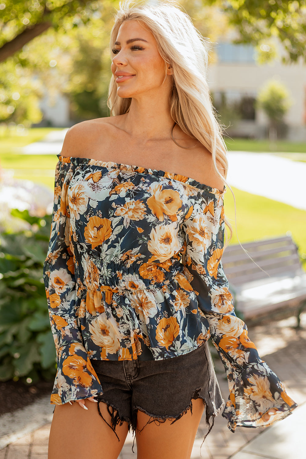 Premium Blue Floral Off Shoulder Bell Sleeve Smocked Peplum Top