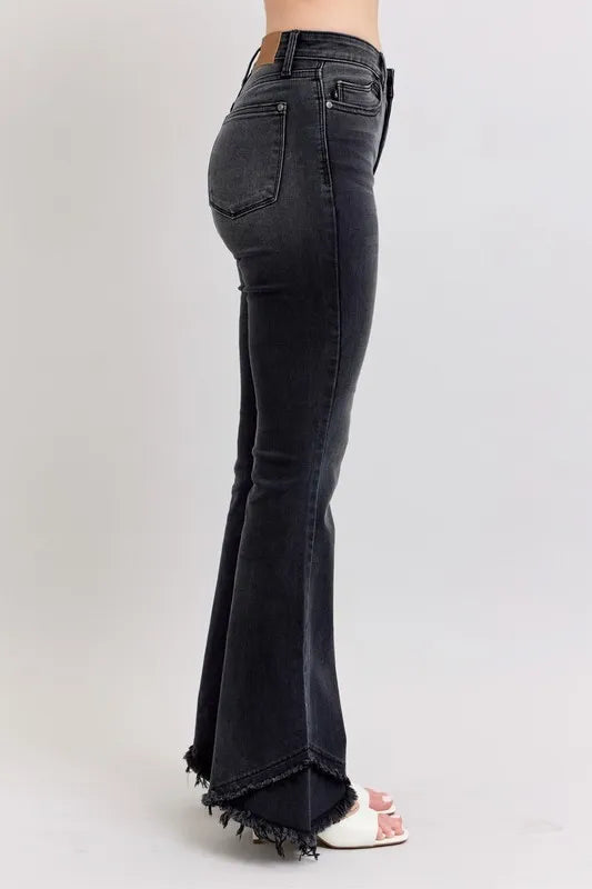 Judy Blue Full Size High Waist Flare Jeans With Mock Fray Tulip Hem Plus Size - Love Salve